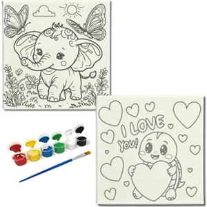 Dudu Gift Okul Etkinliği-2'li Tuval Boyama Seti. 20X20 cm Uv Baskı 6 Akrilik Boya 1 FIRÇA-MODEL-393