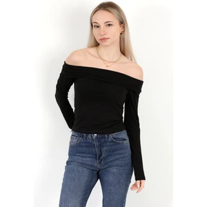 Kadın Kayık Yaka Uzun Kol Basic Bluz Siyah - MS0000505