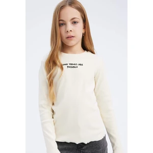 Kız Çocuk Slim Fit Dar Kesim Bisiklet Yaka Baskılı Fitilli Kaşkorse Uzun Kollu Okul Tişörtü D8565A825SP