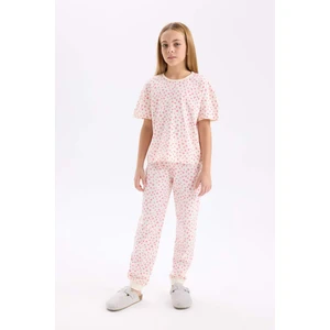 Kız Çocuk Pijama Takımı Kalp Desenli Kısa Kollu Üst Uzun Alt D8197A8NS
