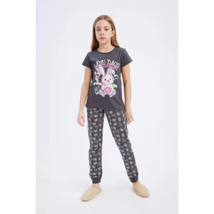 Kız Çocuk Pijama Takımı Bisiklet Yaka Baskılı Kısa Kollu Üst Beli Lastikli Desenli Uzun Alt E2219A825SM
