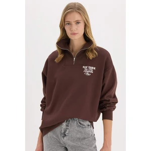 Coool Oversize Geniş Kalıp Fermuarlı Dik Yaka Baskılı Kalın Sweatshirt E9281AX25SP