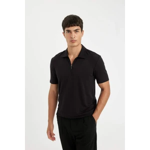 Slim Fit Dar Kesim Polo Yaka Yarım Fermuarlı Kısa Kollu Krinkıl Siyah Tişört D6478AX24HS