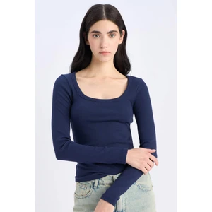 Slim Fit Dar Kesim Basic Düz Fitilli Kaşkorse Uzun Kollu Tişört E5768AX25SP