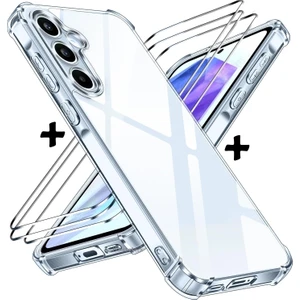 M.tk moveteck Samsung Galaxy S25 Kılıf Köşe Korumalı Darbeye Dayanıklı Antişok Şeffaf Silikon + 9h Temperli Cam 2'li Set