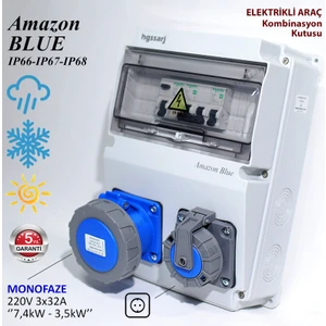 Amazon Blue, IP66-IP67-IP68, Monofaze Elektrikli Araç Kombinasyon Kutusu, Tesla Blue Adaptöre Uyumlu, 3X32A + 1X16A - 5 Yıl Garanti