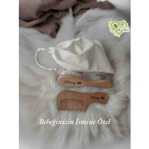 Gta Store İsme Özel %100 Keçi Kılı Doğal Bebek Saç Fırçası,doğal Ahşap Şimşir Tarak ve Bez Saklama Çantası 3'lü Set