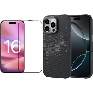 iPhone 16 Pro Max Kılıf Magsafe Şarj Özellikli Karbon Fiber Tasarımlı Zore Vave Kapak + Zore EKS Cam Ekran Koruyucu