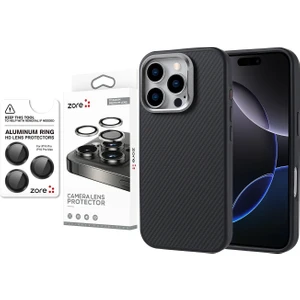 iPhone 16 Pro Max Kılıf Magsafe Şarj Özellikli Karbon Fiber Görünümlü Zore Troy Kapak + Safir Kamera Lens Koruyucu