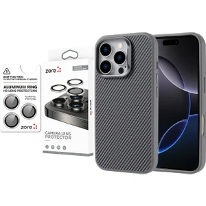 iPhone 16 Pro Max Kılıf Magsafe Şarj Özellikli Karbon Fiber Görünümlü Zore Troy Kapak + Safir Kamera Lens Koruyucu