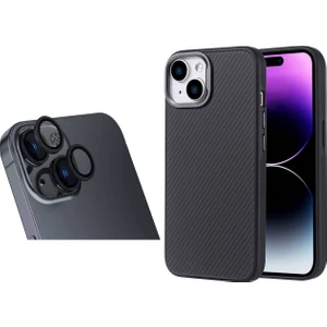 Apple iPhone 14 Kılıf Magsafe Şarj Özellikli Karbon Fiber Görünümlü Zore Troy Kapak + Safir Kamera Lens Koruyucu