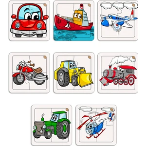 Çocuklar Için Eğitici ve Öğretici Ahşap 8 Li 4 Parçalı Taşıtlar Mini Puzzle Set 8'li Set 1