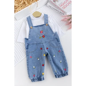 Kız Bebek Çiçek Nakışlı Pamuklu 2'li Denim Şık Kot Salopet Tulum Takım