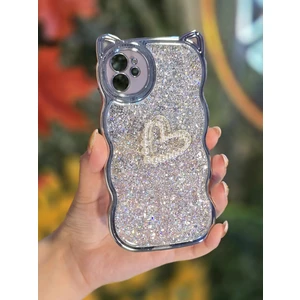 Apple iPhone 12 Uyumlu 3D Taşlı Kalp ve Simli Işlemeli Kamera Korumalı Ultra Premium Kılıf