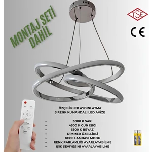 Kumandalı 3 Renk Işıklı Lüks LED Avize Krom Gövde Yüksek Lümen Salon Oda Yatak Odası Mutfak  Antre Avizesi