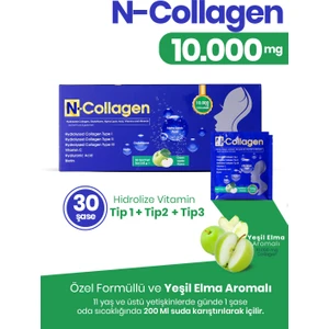 30 Şase Kolajen, Kolay Çözünebilen, 10.000 Mg, Tip 1/2/3, Vitamin Mineral Içerir, Yeşil Elma Aromalı
