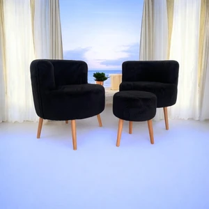Siyah Teddy Kumaş Çay Seti Ikili Koltuk Berjer ve Puf Takımı (Salon, Balkon, Ofis) 3'lü Takım