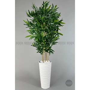 Yapay Bambu Ağacı 185CM Büyük Yapraklı 5 Bambulu Beyaz Renk Kumsal Saksıda Yapay Ağaç