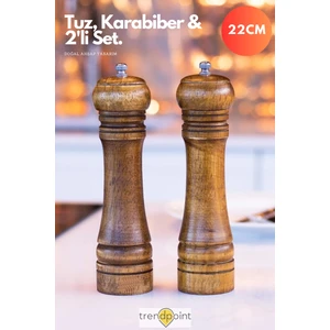 2li Set Baharat Öğütücü Premium Doğal Ahşap Değirmen Karabiber Tuz Kahve Tuzluk Biberlik 2li Set 22CM