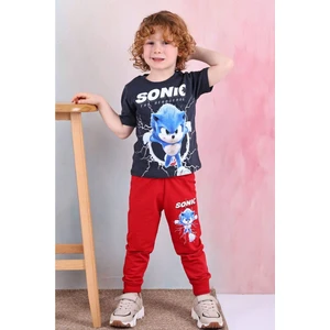 Yağmur Giyim Pjkke Sonic Desenli Kırmızı Eşofmanlı Erkek Çocuk Kısa Kol Takım 3-10 Yaş 7467-K