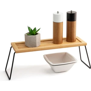 Dekoratif Bambu ve Metal Ayaklı Saklama Düzenleme Rafı Oraganizer- 36 x 12 x 15  cm , Doğal ve Siyah