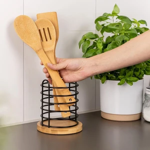 Dekoratif Bambu Tabanlı Siyah Metal Mutfak Aleti ve Çatal Bıçak Tutucusu - 15,5 cm Yükseklik