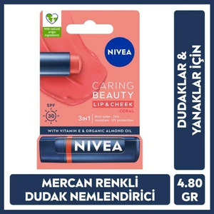 Renkli Nemlendirici Dudak Bakım Kremi Mercan 4.8GR,SPF30, Allık Etkisi, Dudak ve Yanaklar, E Vitamin