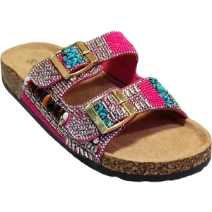 25Y102-2 Kadın Mantar Taban Taşlı Çift Tokalı Comfort Terlik Fuşya