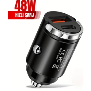 Tech&bello accessories 48W 1x USB 1x Type-C Hızlı Araç Şarjı Çakmaklık Girişli Apple Android Tam Uyumlu Bc-01