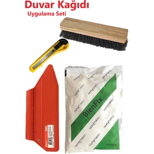 4'lü Süper Set Duvar Kağıdı Uygulama Seti Yapıştırıcısı-125 Gram Tutkal-Spatula-Ahşap Fırça-Falçata