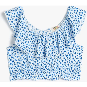 Crop Bluz Düşük Omuz Fırfırlı Çiçek Desenli