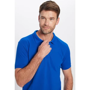 Erkek Slim Fit Dar Kesim Pamuklu Yumuşak Dokulu Serin Tutan Kumaş Düz Saks Mavi Polo Yaka Tişört