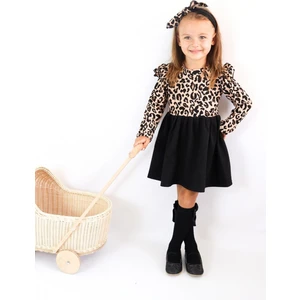 Kız Çocuk  Leopar Desenli Uzun Kollu Fırfırlı Elbise Bandana Takım ELB-0059