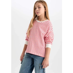 Kız Çocuk Relax Fit Bisiklet Yaka Çizgili Sweatshirt D6503A8NS
