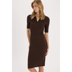 Bodycon Vücudu Saran Polo Yaka Basic Düz Fitilli Kaşkorse Kısa Kollu Midi Elbise E6806AX25SP