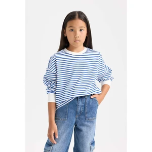 Kız Çocuk Relax Fit Bisiklet Yaka Çizgili Sweatshirt D6503A8NS