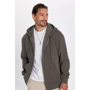 Unisex Relax Fit Rahat Kesim Pamuklu İçi Polarlı Çift Cepli Fermuarlı Gri Kapüşonlu Sweatshirt