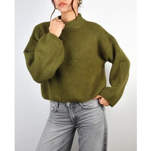 Azimut Giyim Kadın Yeşil Crop Yumuşak Oversize Kazak - Olive Green