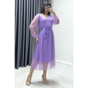 The ZKS - Kadın V Yaka Tül Kloş Büyük Beden Elbise Lila, Bordo, Siyah, Petrol Mavi