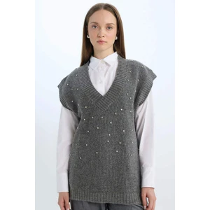 Relax Fit V Yaka Taşlı Triko Süveter D7512AX24WN