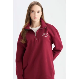 Regular Fit Fermuarlı Dik Yaka Baskı Detaylı İçi Yumuşak Tüylü Kalın Sweatshirt Tunik E8846AX24CW