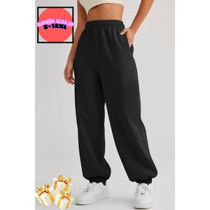Kışlık Bol Kalıp Kalın Eşofman Baggy Sweatpants Jogger Siyah-Gri