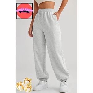 Kışlık Bol Kalıp Kalın Eşofman Baggy Sweatpants Jogger Siyah-Gri
