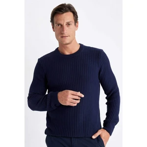 Lacivert Standart Fit Normal Kesim Bisiklet Yaka Jakarlı Triko Kazak A5234AX24WN