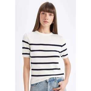 Regular Fit Bisiklet Yaka Çizgili Kısa Kollu Triko Kazak D3301AX24AU