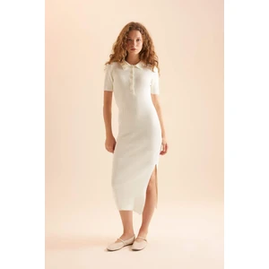 Fitted Polo Yaka Kısa Kollu Yırtmaçlı Midi Triko Elbise D4914AXNS