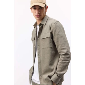 %100 Pamuk Regular Fit Polo Yaka Uzun Kollu Keten Görünümlü Gömlek D6149AX25SP