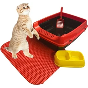 Kedi Bakım Seti (Kırmızı) – Açık Tuvalet+Paspas+Mama Kabı+Kürek