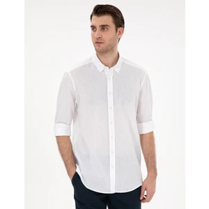 Pierre Cardin Erkek Beyaz Keten Karışımlı Regular Fit Uzun Kollu Gömlek 50303388-VR013