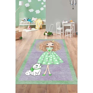 Napoli Home Baskılı Çizgi Film Kedi Ve Kız Karakter Desenli Yıkanabilir Kaymaz Çocuk Halısı, Çocuk-80-Yeşil,
